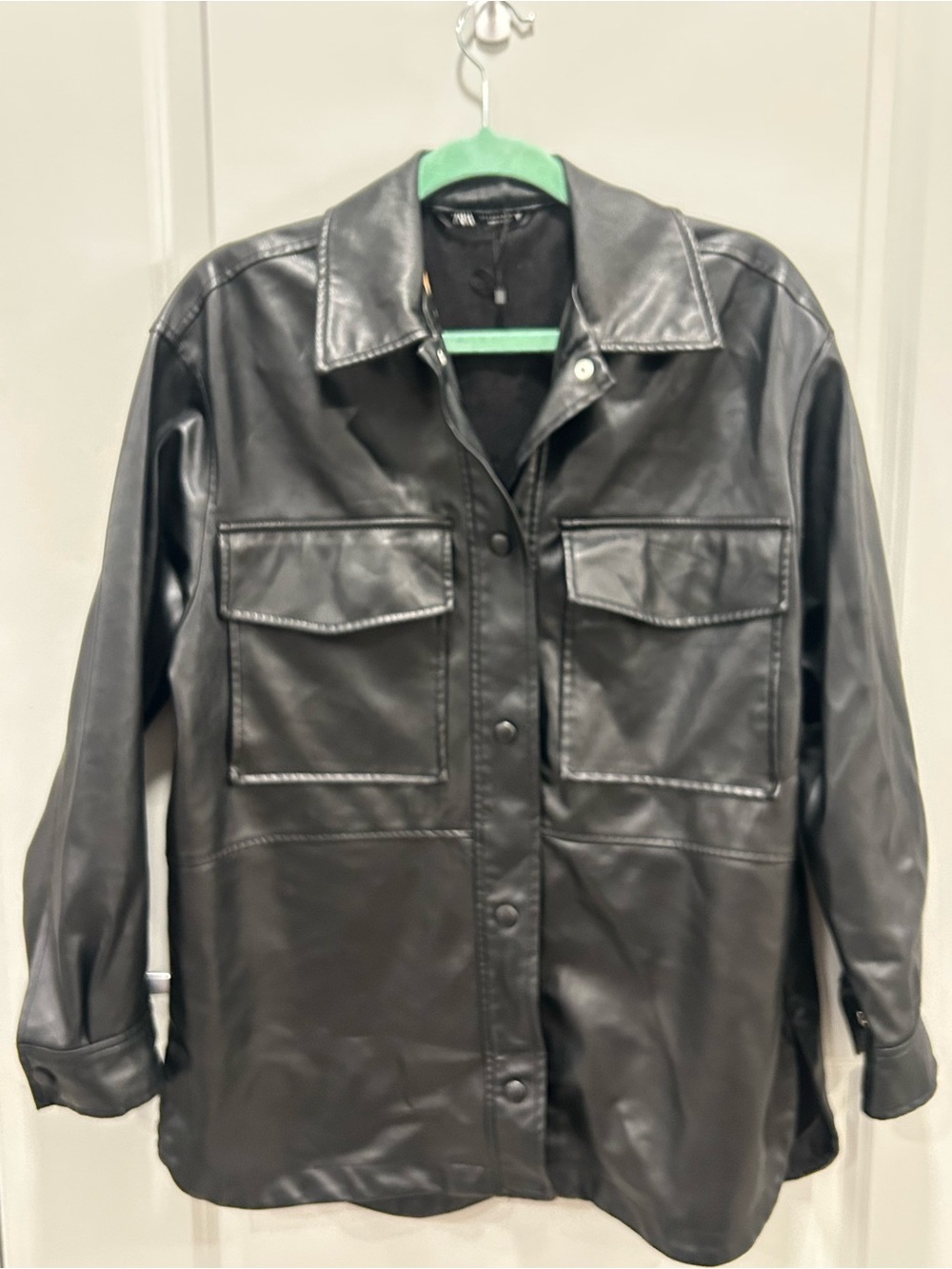 Zara Black Faux Leather Button-Front Jacket